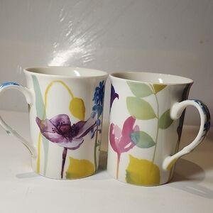 (2)Portmeirion Water Garden  Floral Mugs - Purple, Yellow, Green